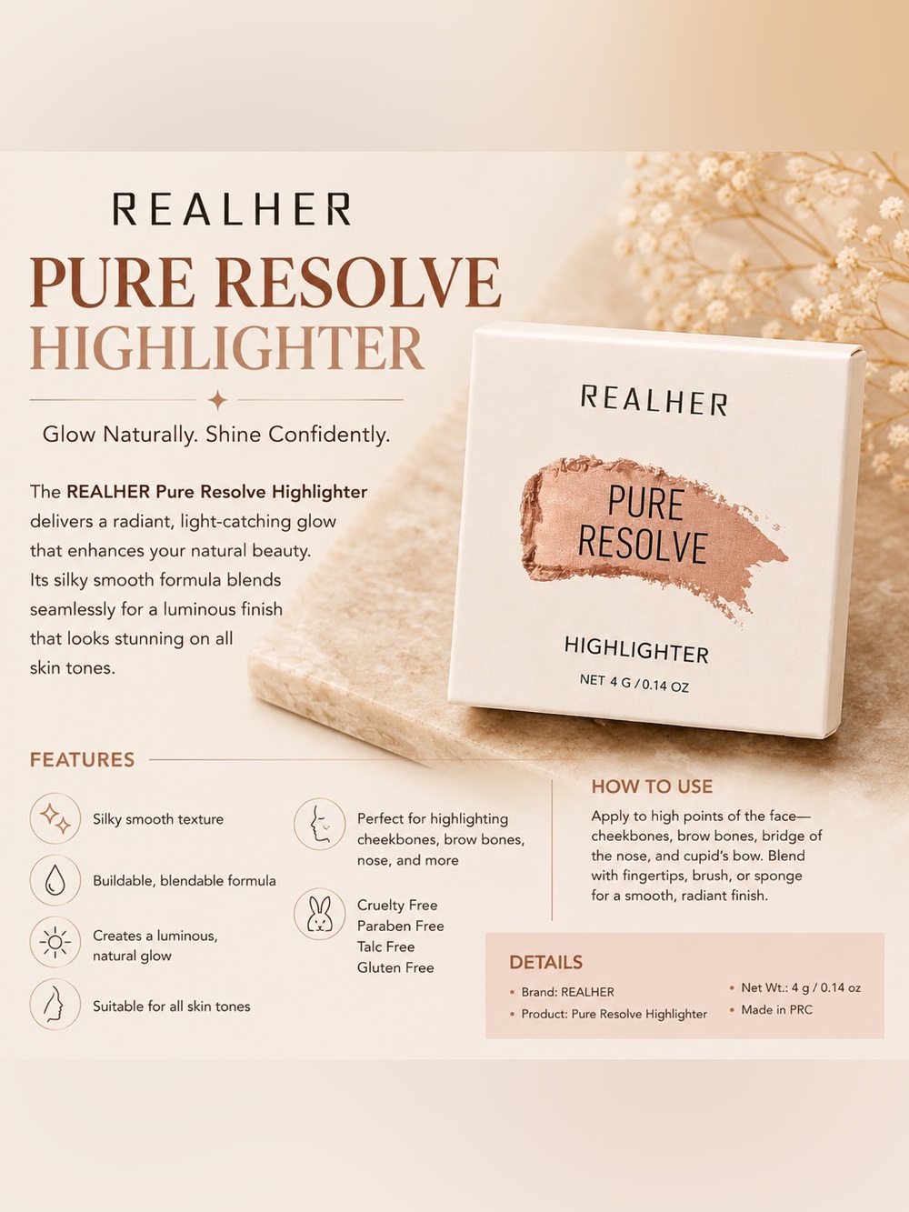 REALHER Pure Resolve Highlighter – Radiant Glow Face Highlighter | Cruelty-Free